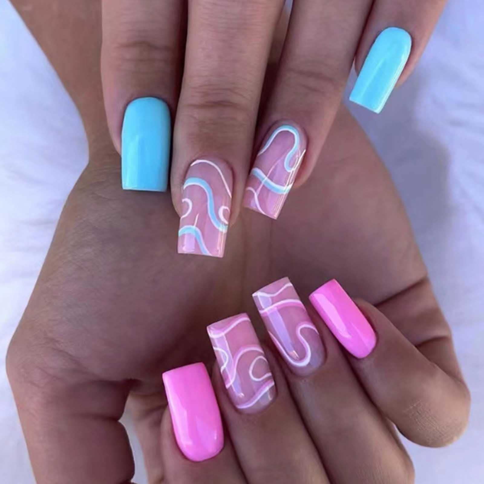 Hkanlre Square Press on Nails Medium Swirl Fake Nails Tips Acrylic Full Cover Pink False Nails for Women and Girls 24PCS