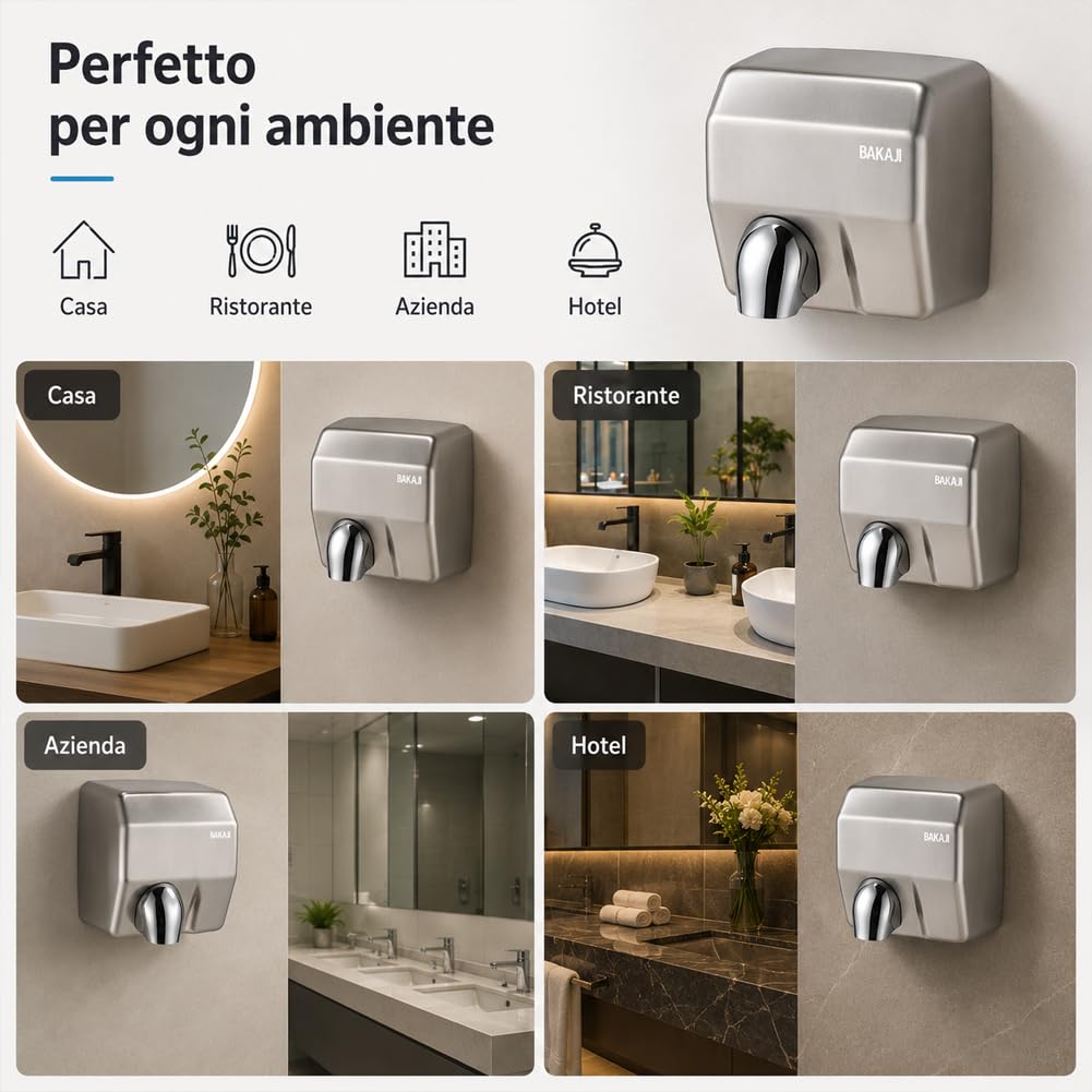 BAKAJI Secador de manos automático eléctrico de pared para hoteles, baños públicos, restaurantes, secador de manos de aire caliente de pared con sensor fotocélula, potencia 2300 W, secado a alta