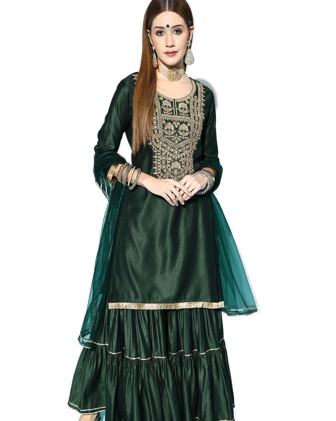 INDO ERA Women's Straight Viscose Embroidered Kurta Sharara with Dupatta Set (23PRN9210)