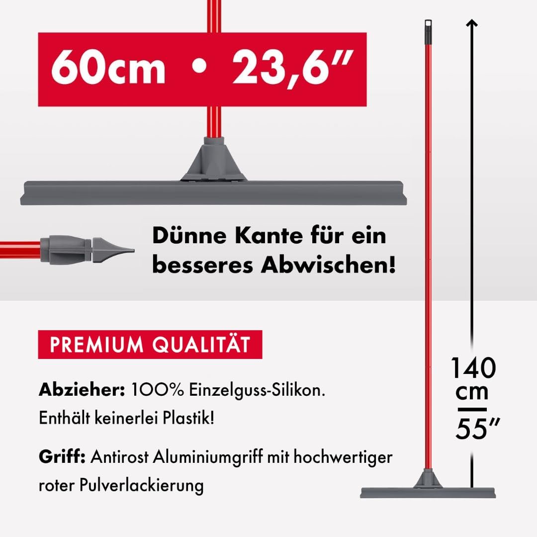 Tyroler Wasserschieber Bodenabzieher 60cm Silikon-Lippe mit Abzieher Boden | Wasserschieber mit Stiel 4-teiligem Griff 140cm | Wasserabzieher Boden geeignet für alle Oberflächen, Abzieher Dusche Boden