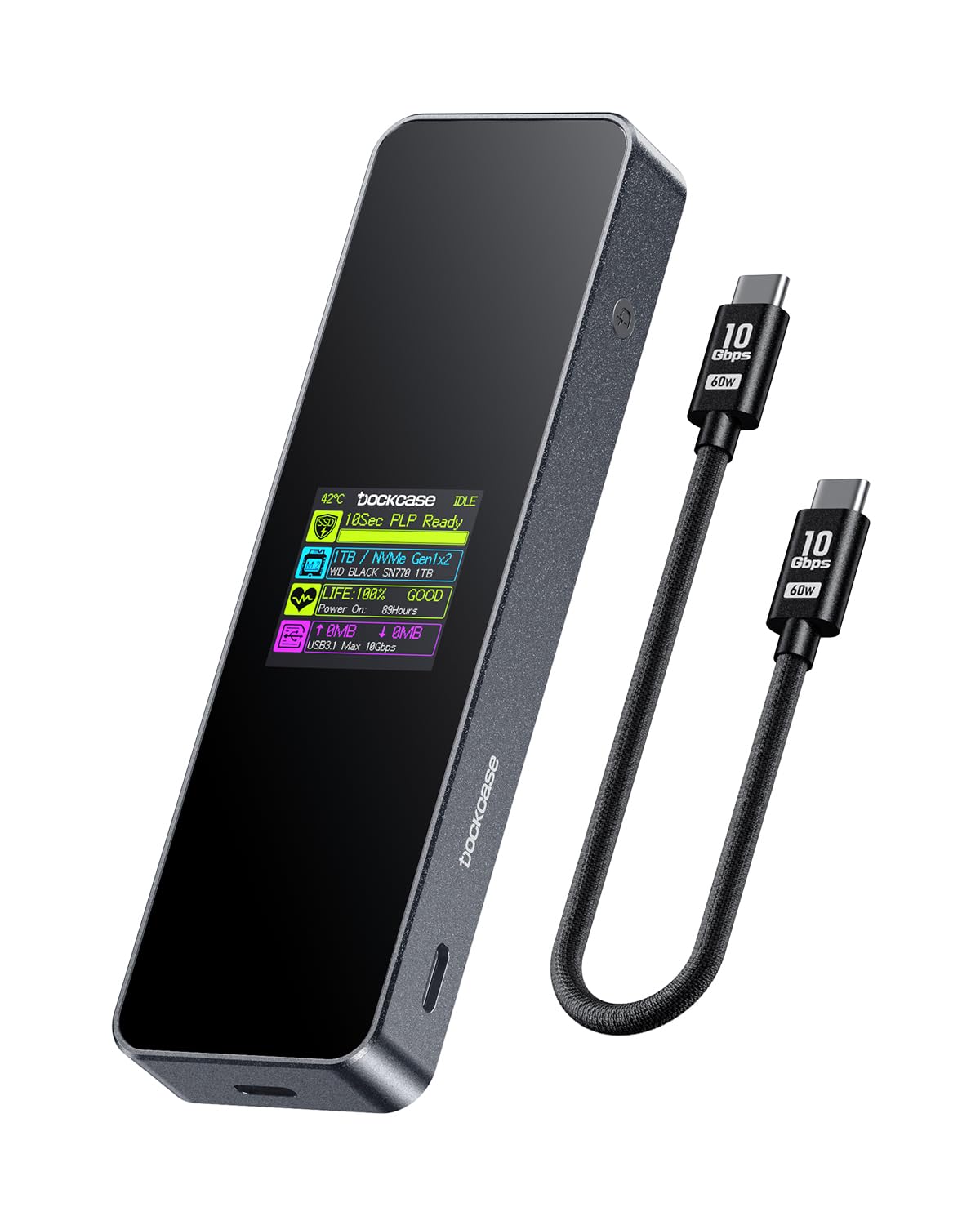 DOCKCASE Visual Smart M.2 NVMe SSD Enclosure,Support 10s PLP Prevents Write Data Loss,USB 3.2 Gen 2 Type-C (10 Gbps),fits NVMe PCIe Size 2230/2242/2260/2280,Support M-Key B+M Key UASP