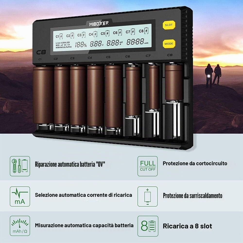 Caricabatteria 18650, Caricabatterie MiBOXER 8 Baie con Display LCD Automatico, Ricarica Rapida LiFePO4 Ni-MH Ni-CD AA AAA C 21700 26650 13650 16340 18350 18700 RCR123
