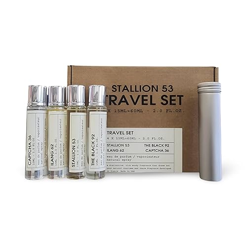 Juego de perfumes de viaje para mujeres y hombres, 4 fragancias (Stallion 53, Ilang 62, The Black 92, Captcha 36) con atomizador de viaje, 2.0 fl oz