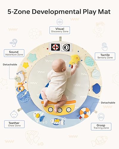 Miniatura 4 de Tapete de actividades de gimnasio para bebé, 5 zonas de desarrollo, tapete de madera con 7 juguetes sensoriales desmontables para habilidades
