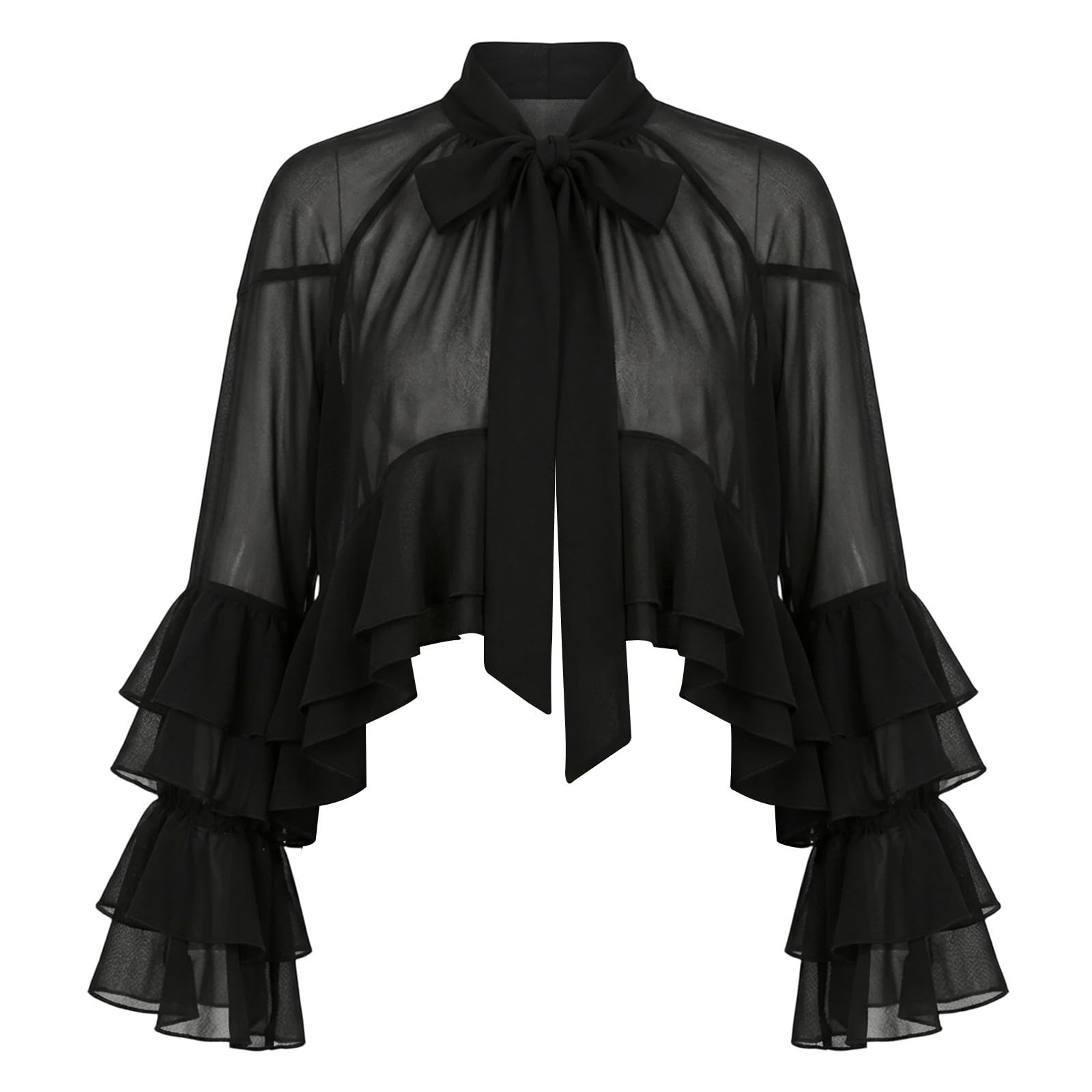 Camicetta da donna in rete, con maniche larghe a tromba e orlo a balze | rete, maniche a tromba, orlo a balze, fluente, trasparente, camicetta in poliestere, versatile, moda da donna, elegante