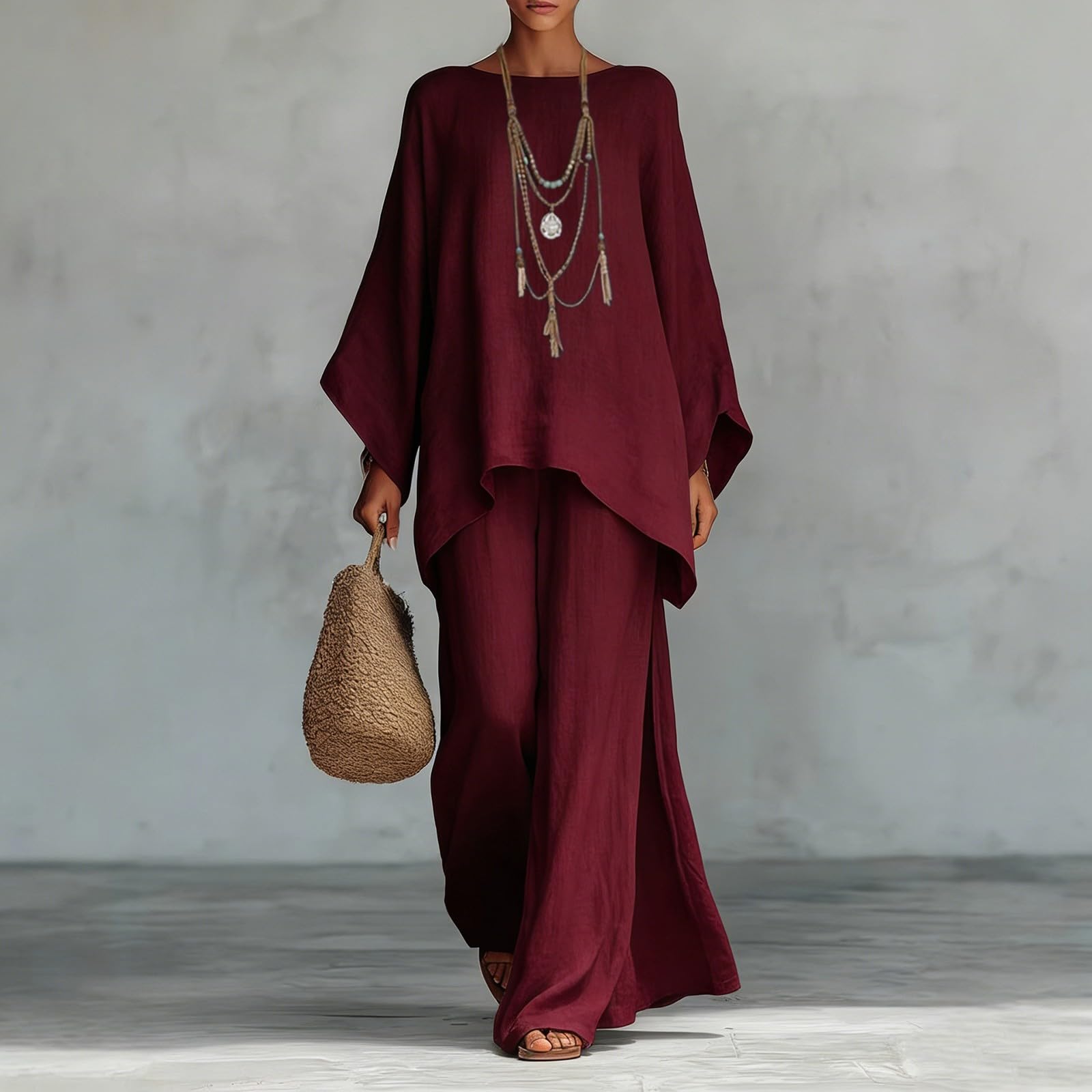 Ensemble Lin Femme 2 Pieces Chic Décontracté Léger Manches Longue Chemise Col V Et Pantalon Fluide Imprimé Bohème Ample Lâche Tenue Grande Taille Décontractée Elegant Bohème Été Loungewear De Maison