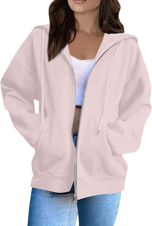 OIOLOYJM Zipper Hoodies for Women Long Sleeve Oversized Sweatshirts Y2k Drawstring Soft Jacket 2025 Fall Fashion with Pockets