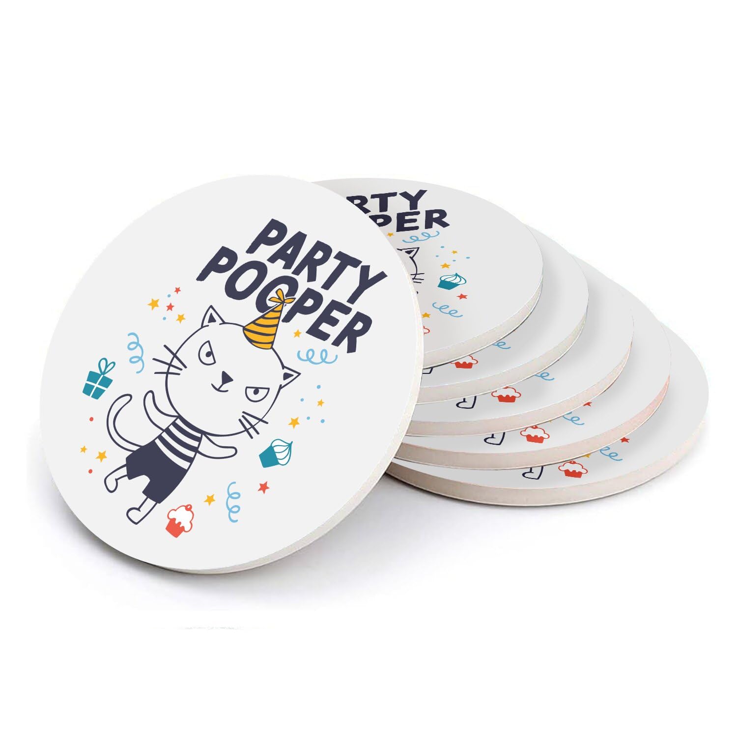 Sous verre rond en céramique illustration chat Party Pooper Cat lot de 6