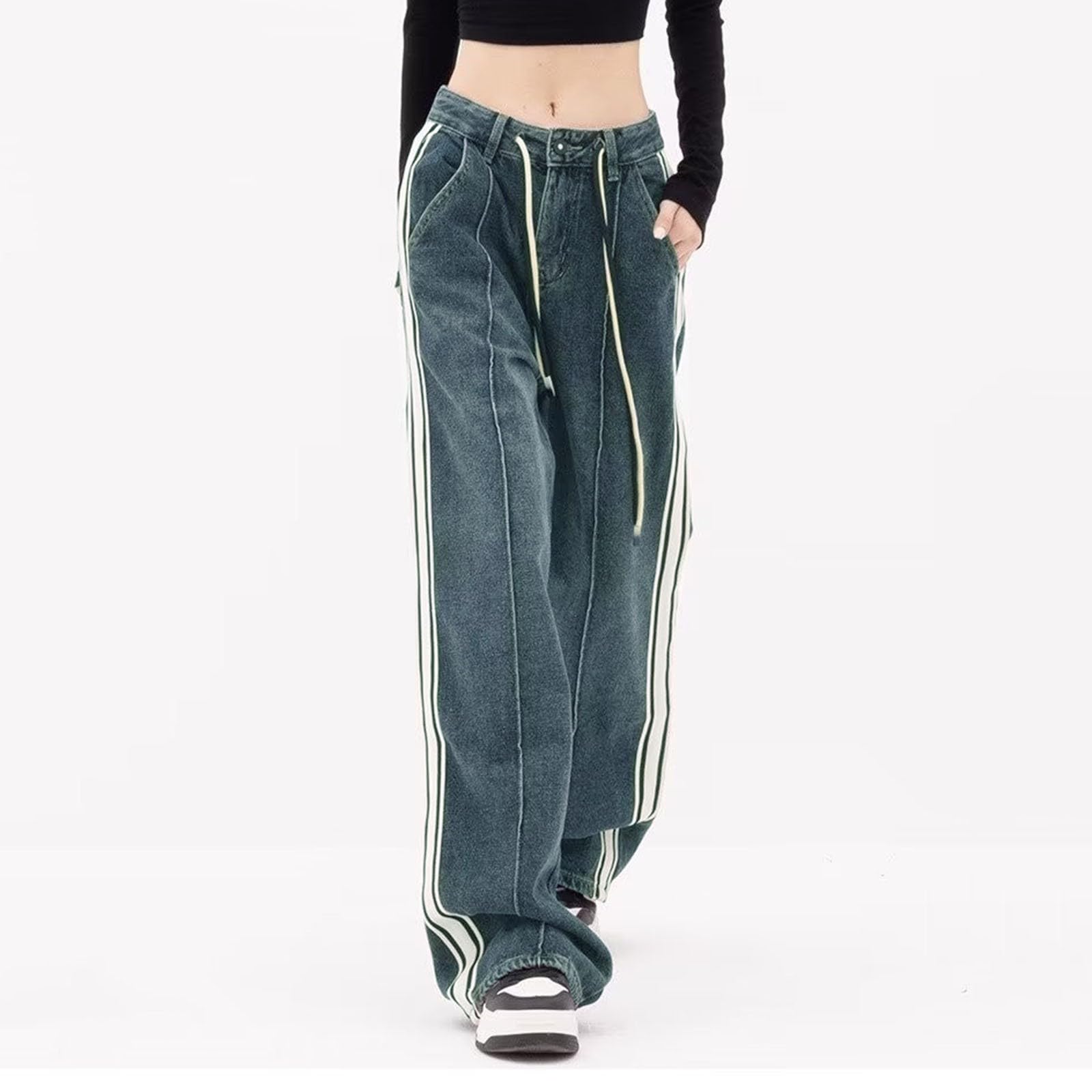 Generico Jeans Donna Wide Leg Jeans Donna a Flared High Rise Casual Curvy Pantaloni Aderenti Elasticizzati Pantaloni Vintage Pantaloni Morbidi Push Up Casuale Hiphop Ragazza Teenager Streetwear