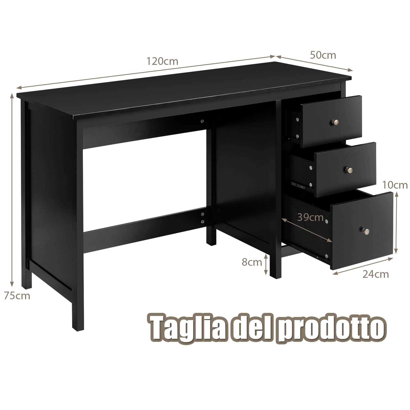 COSTWAY Scrivania per Computer con 3 Cassetti, Scrivania Salvaspazio con Dispositivo Antiribaltamento, Postazione di Lavoro Multifunzionale per Casa e Ufficio, 120 x 50 x 75 cm (Nero)
