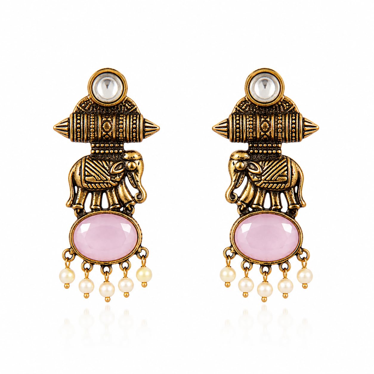 Antique Gold Elephant Dangler Earrings with Pink Stone & Pearls-picture-47