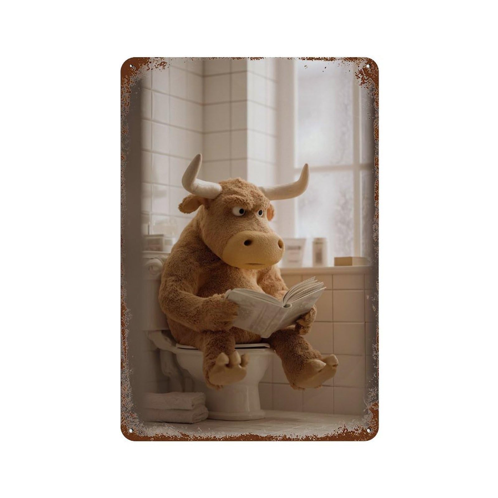 Rust Effect Bull Reading on Toilet Aged Metal Wall Plaque 11.8"x7.9", Shabby Chic Decor for Living Room, Hallway And Home Decor