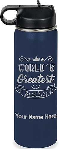 Miniatura 50 de LaserGram Botella de agua personalizada, World's Greatest Brother, acero inoxidable de doble pared aislada al vacío con popote superior, regalo