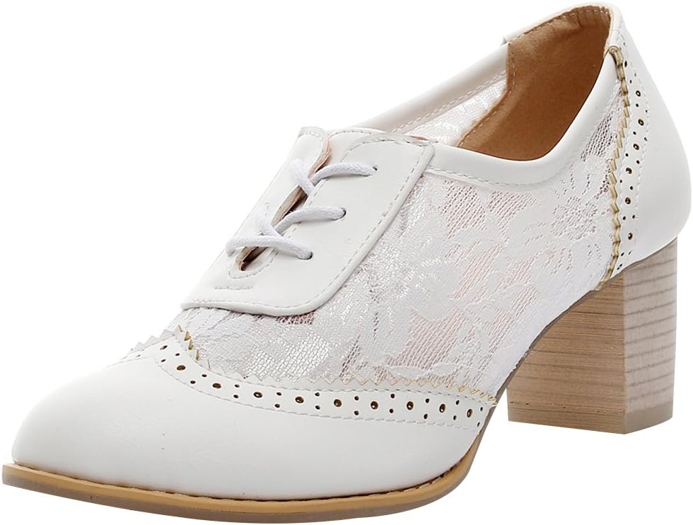 ANUFER Women's Elegant Block Heel Oxfords - Lace Design