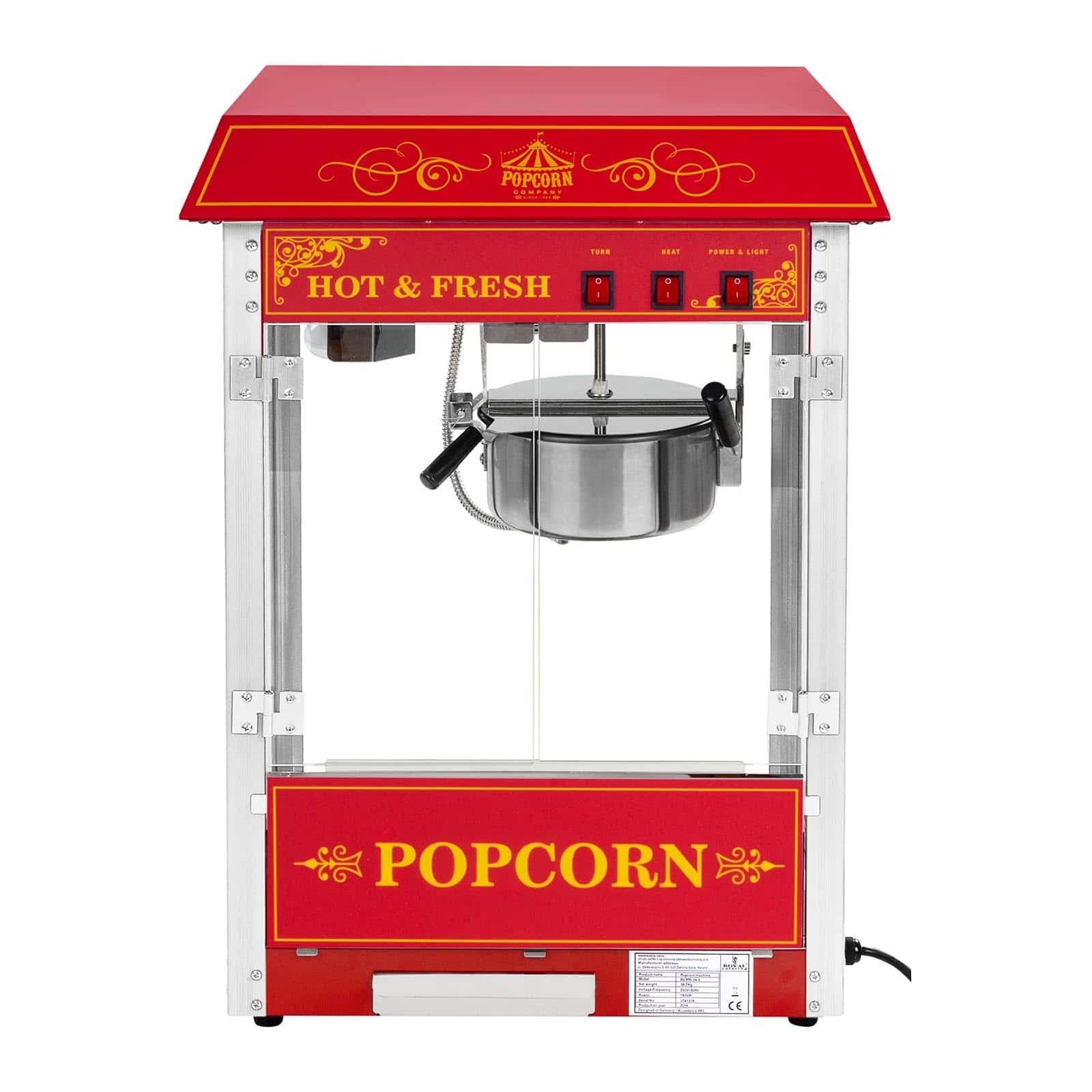 Royal Catering Machine à Popcorn (1.500W, rendement 5 kg/h récipient antiadhésif) Design USA Rouge