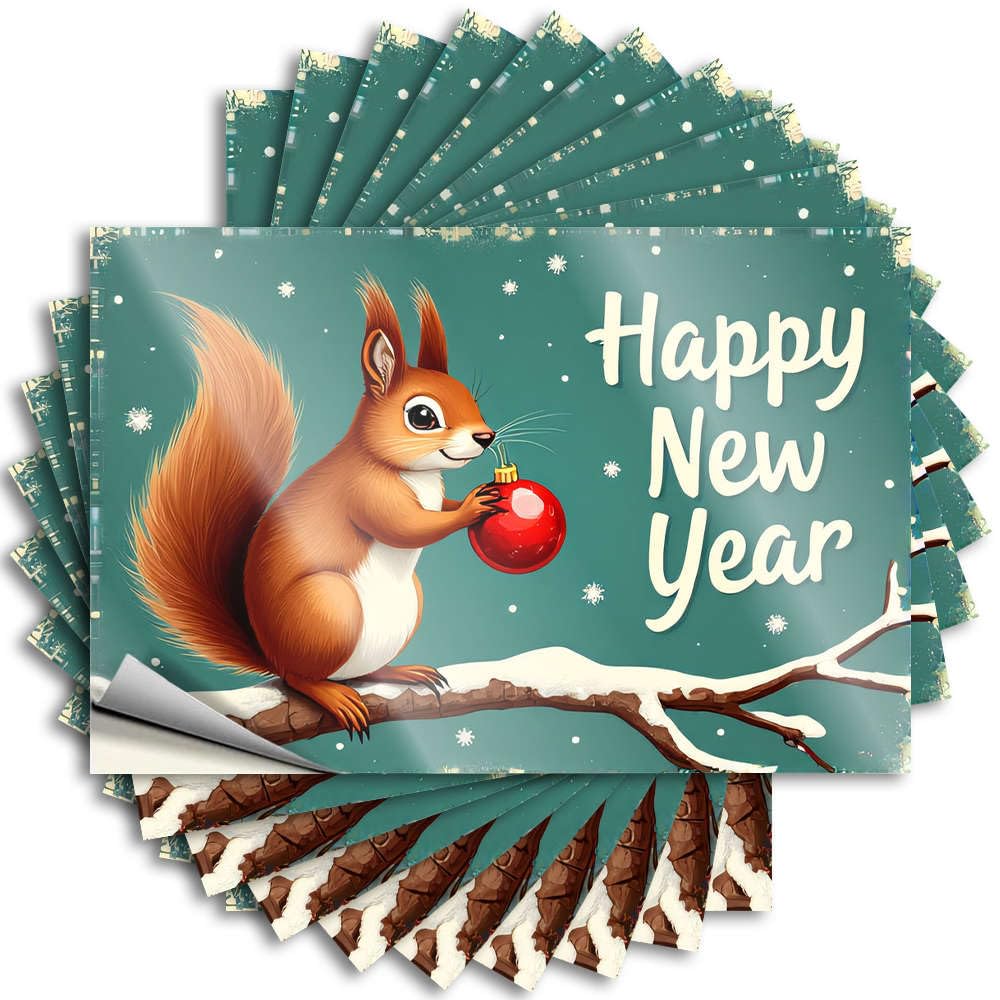 Sticker Funky Men Waterproof - A Squirrel Holding A Red Ornament with Happy New Year Written On It Bumper Self Adhesive Decal for Interior Use(12X18CM)