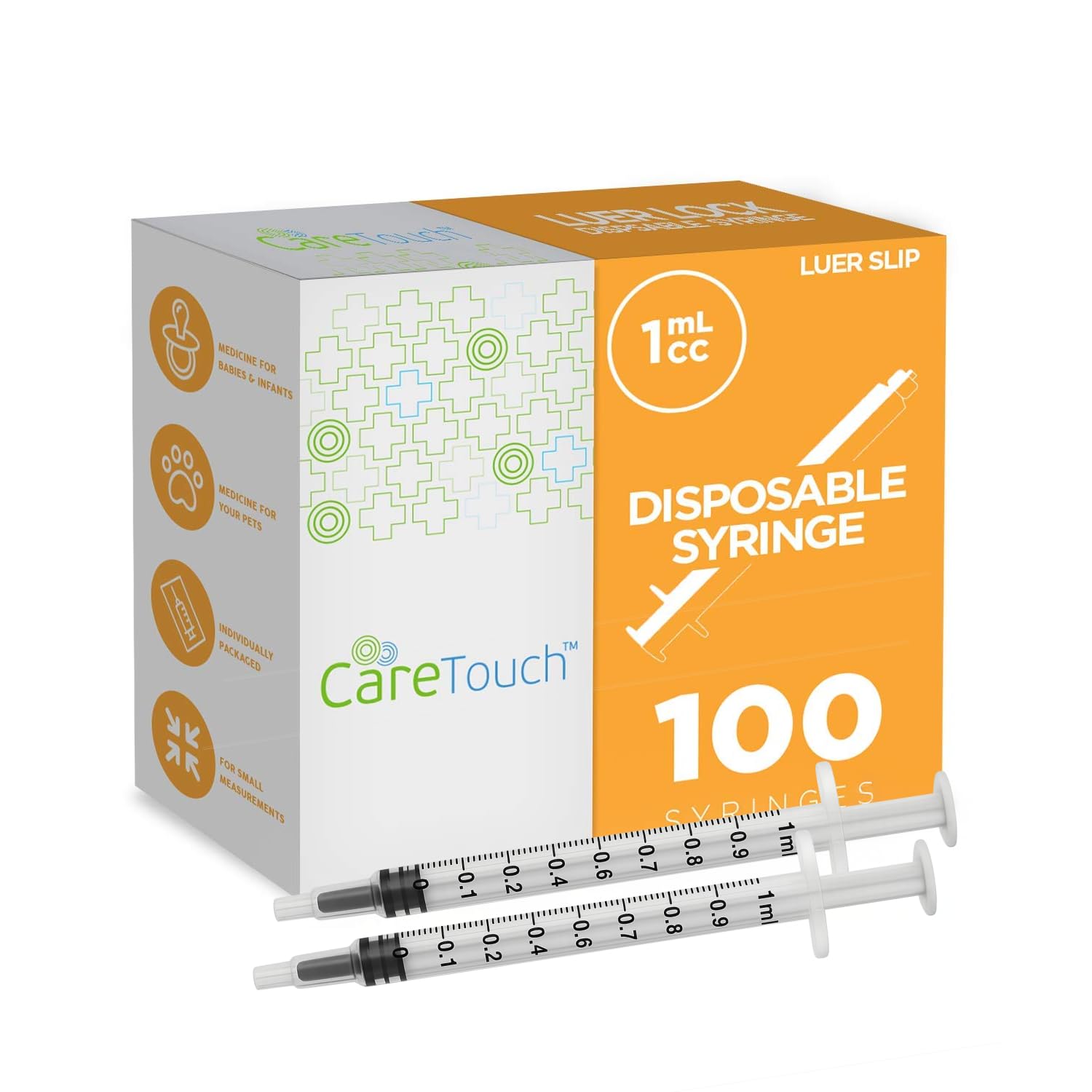 Care Touch 1ml Syringe Only - 100 Sterile Syringes (No Needle) (1ml Luer Slip Tip, 100),100 Count (Pack of 1)