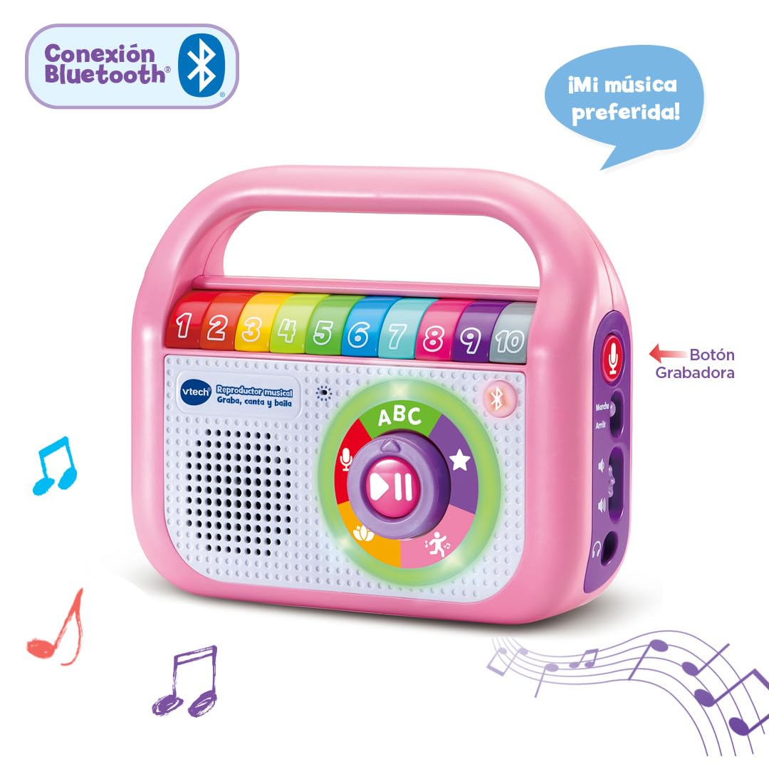 VTech - odtwarzacz muzyczny nagrywaj śpiew i taniec różowy, radio dla dzieci z Bluetooth, nagrywarka, zabawka dla dzieci +1,5 lat, wersja hiszpańska