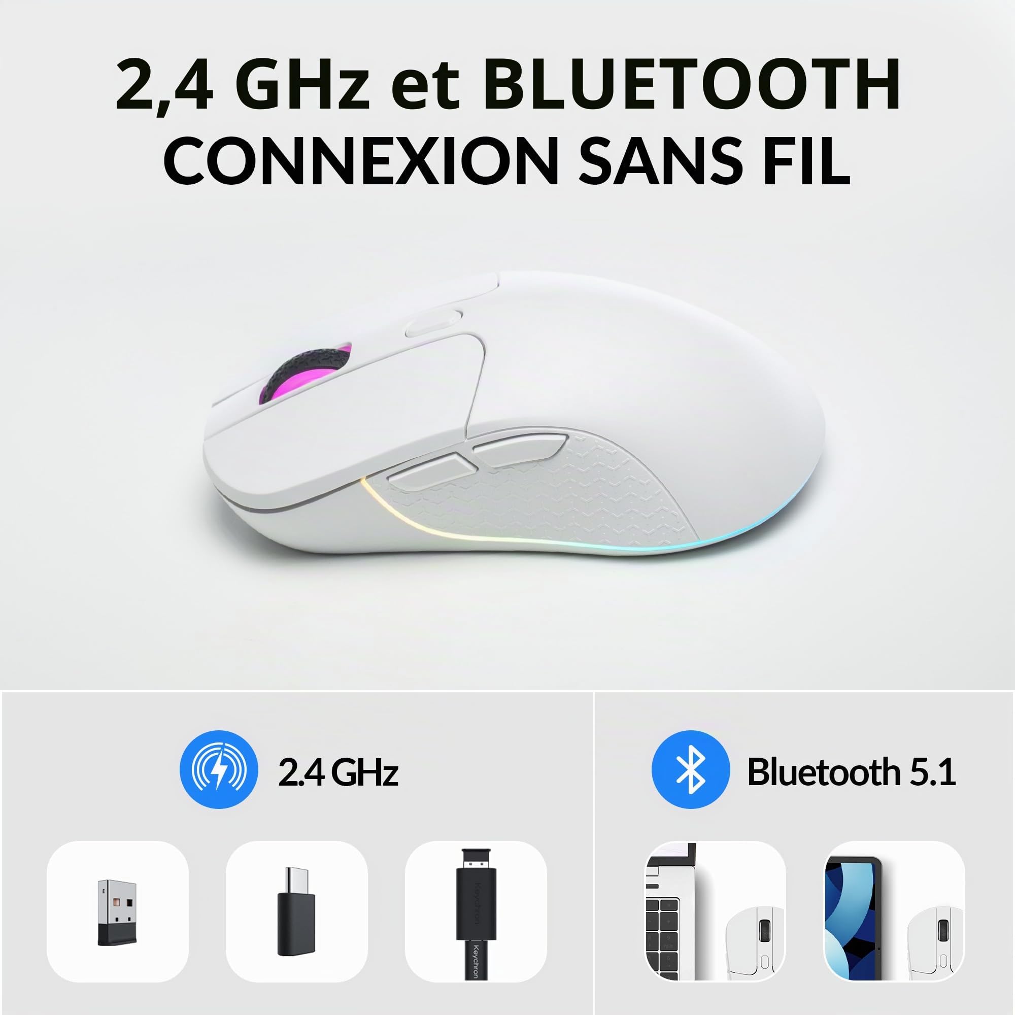 Keychron M3 Souris sans Fil Programmable, 2,4 GHz/Bluetooth 5.1/USB-C Connexion, 26 000 PPP, Capteur PAW3395, LED RVB, Durée 70 Heures, 79 g Souris Gamer pour PC, Mac, Ordinateur Portable - Blanche