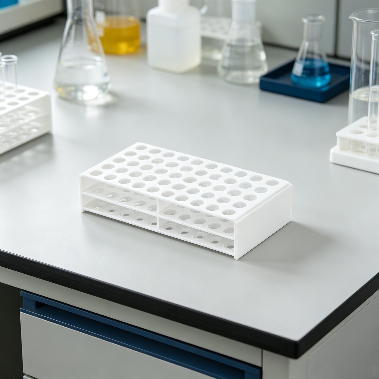 Operitacx Reagenzglashalter aus Kunststoff – Abnehmbarer Laborständer zur Aufbewahrung von Reagenzgläsern – 50 Löcher, Probenorganisator für Laborexperimente, Unterricht und wissenschaftliche