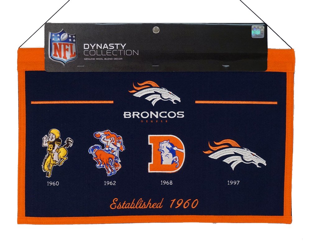 Denver Football Broncos 22x14 Wall Hanging Banner featuring logos from 1960, 1962, 1968 and 1997