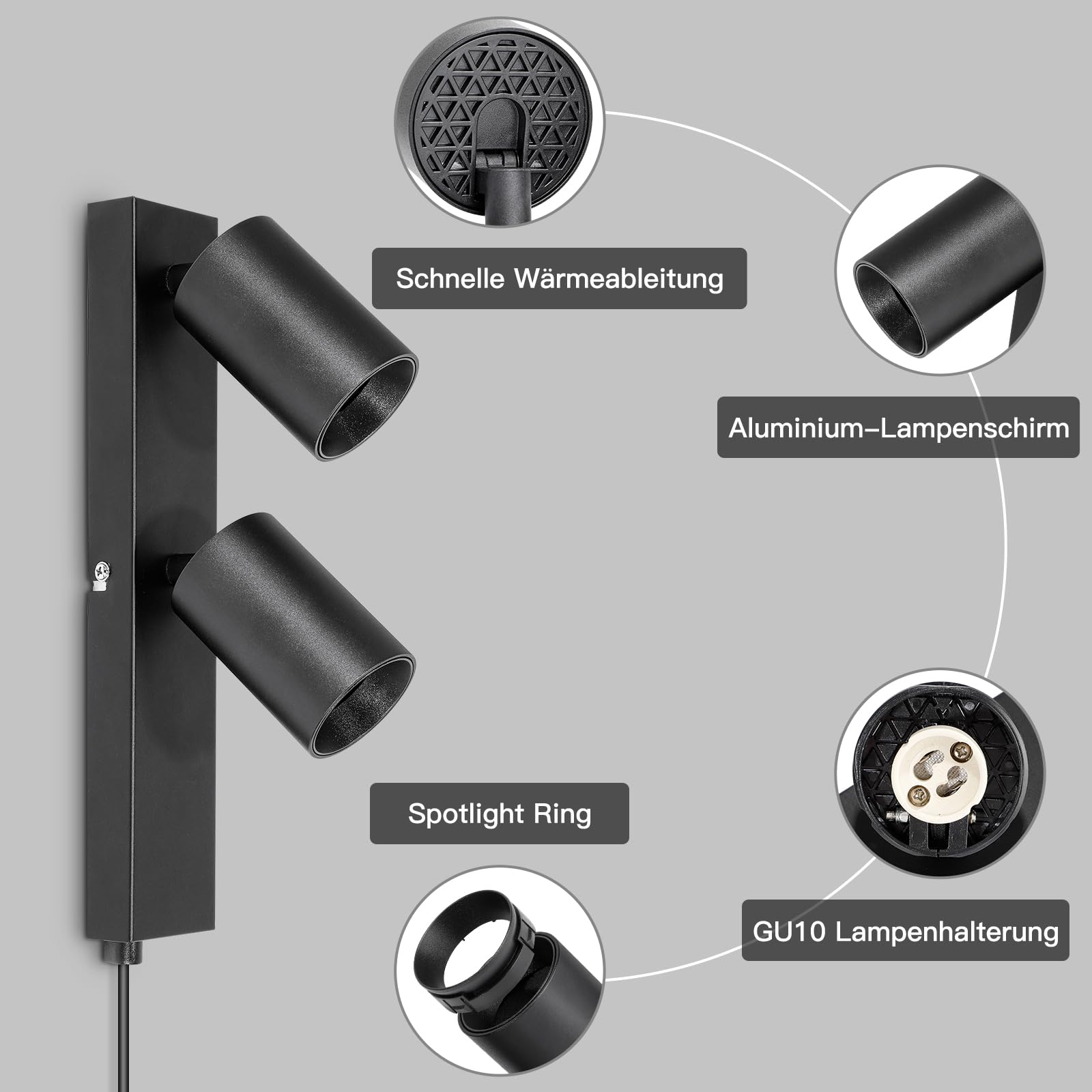 Da LIGHT Wandspot GU10 Schwenkbar - Retro Wandleuchte Schwarz Für Wohnzimmer & Schlafzimmer