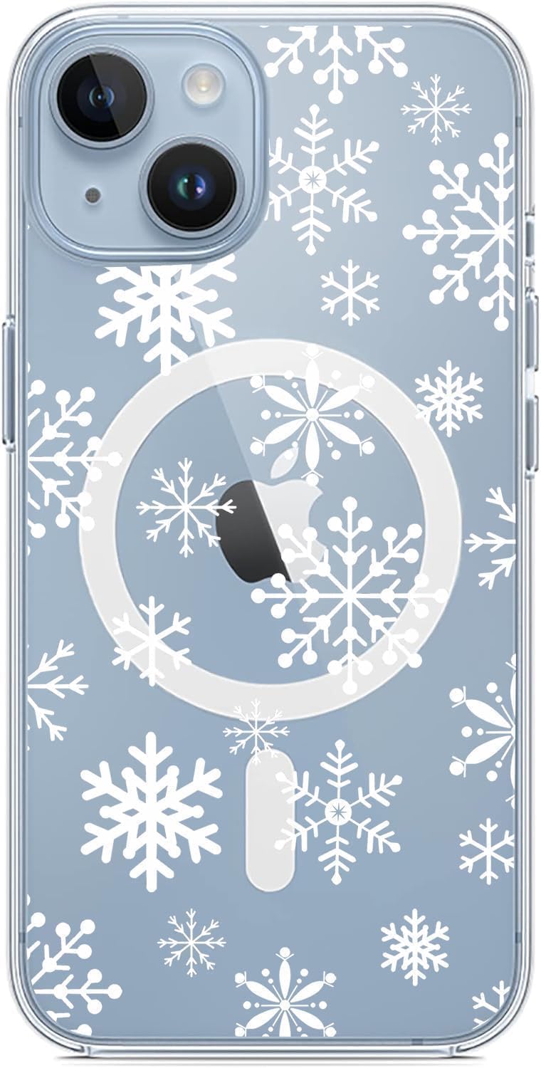 Houdqklee Magnetic Winter Snowflakes for iPhone 13/14 Case, Cute Christmas Pattern Compatible with MagSafe, Clear Soft Slim Fit Protective Case for