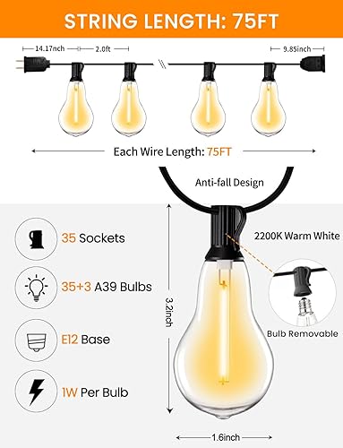 Miniatura 39 de Guirnalda de luces LED para exteriores de 400 pies inastillables para patio con 212 bombillas ST38 vintage impermeables (12 de repuesto), luces