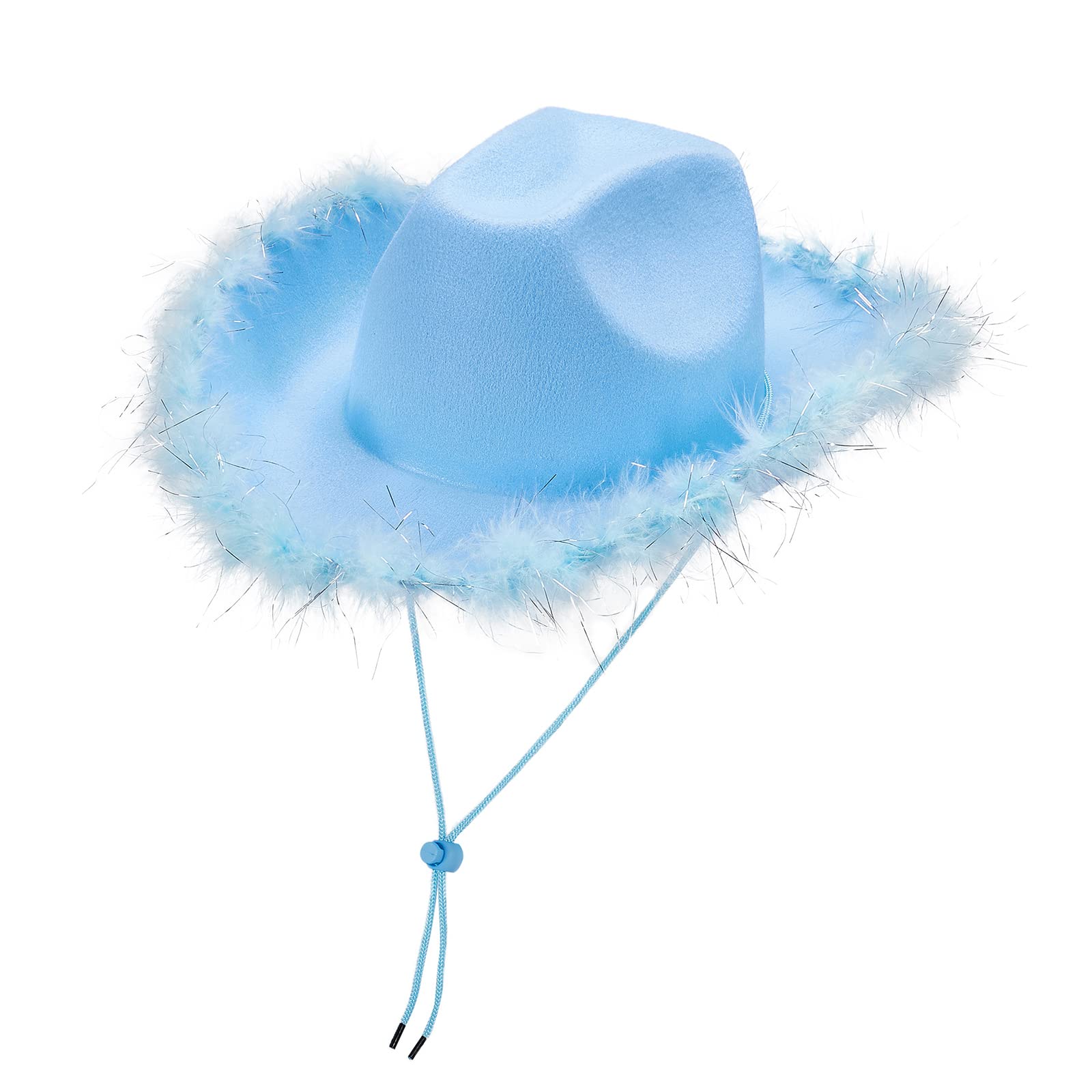 Geagodelia Felt Cowboy Hat for Women Fluffy Feather Trim Disco Cowgirl Hat Womens Adult Halloween Costumes Preppy Hat for Fancy Dress Up Role Play Cosplay Birthday Party (B 01-Blue, OneSize)