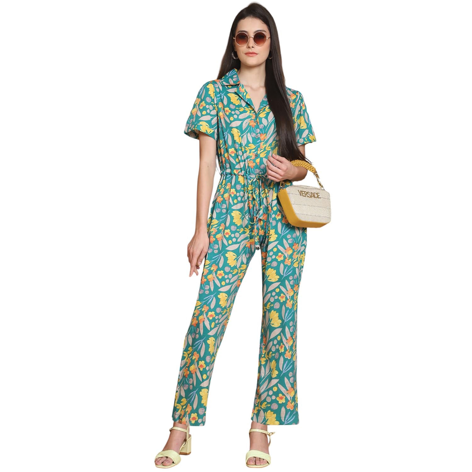moms maternity Women’s Cotton Printed Green Jumpsuit | Short Sleeve Floral One-Piece for Women & Girls | Stylish Casual Wear with Waist Tie | Comfortable Summer Travel & Daily Outfit-picture-44