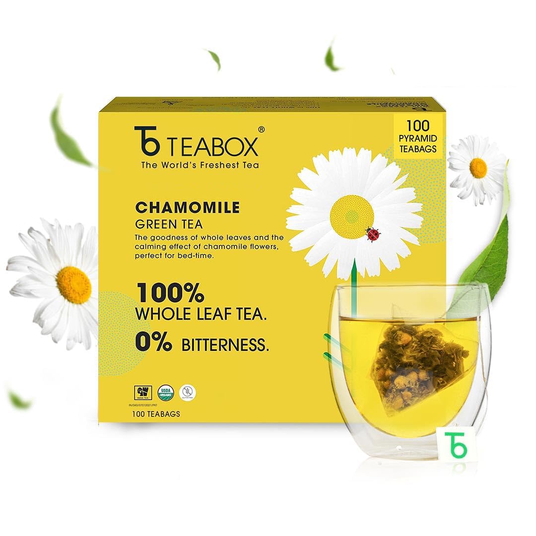 Teabox Organic Chamomile Green Tea Bags 100 pcs | For Stress Relief & Good Sleep | Made with 100% Whole Leaf & Natural Chamomile Flowers