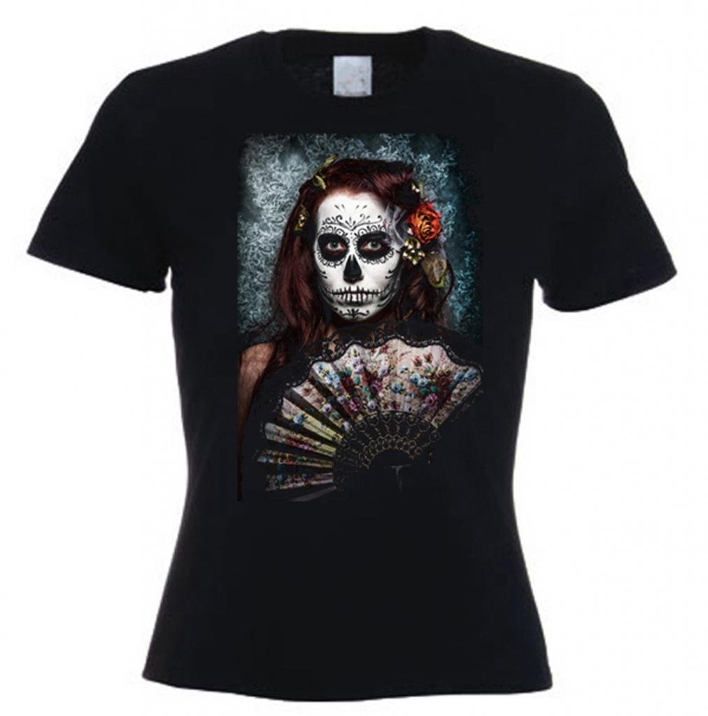 Tribal T-Shirts Womens Day of The Dead Girl Sugar Skull T-Shirt (Large, Black)