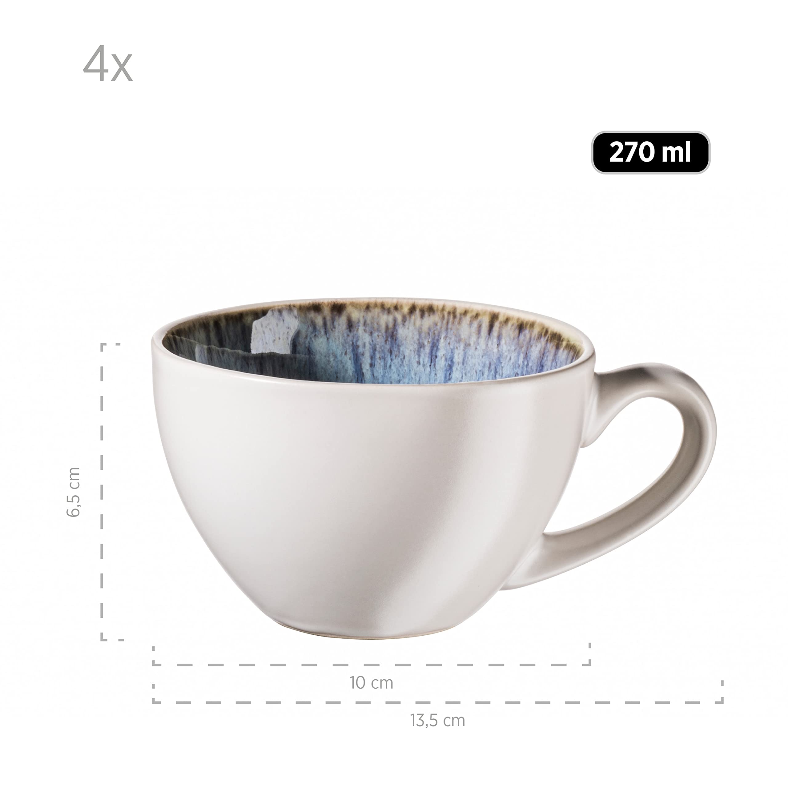 MÄSER Set di tazze da caffè con piattini per 4 persone in raffinata ceramica, tazze da cappuccino con smaltatura spruzzata, forme organiche in stile vintage