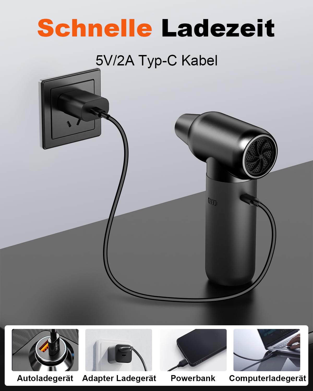 Elektrische Staubgebläse, 3-Gang 180000 U/min Compressed Air Duster USB Wiederaufladbar Druckluftspray PC Reinigungsset Mit Akku mit großer Kapazität für Laptop,Tastatur,Auto,Bürogeräte,Sofa