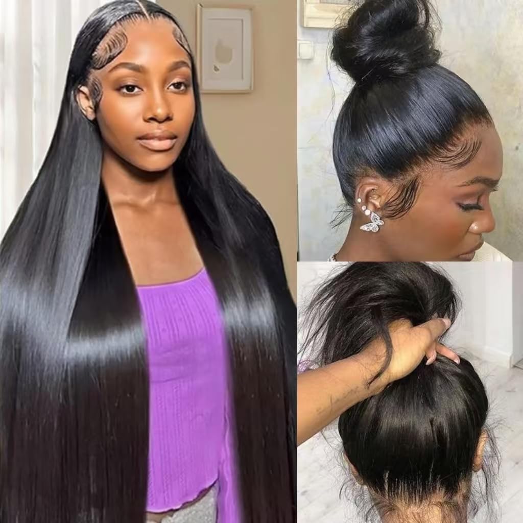 Hidden Strap 360 Lace Front Wigs Human Hair 250% Density Straight Human Hair Wigs for Bkack Women 360 Full Lace Wigs Human Hair with Drawstring 9A Natural Hairline (Natural Black, 34Inch)