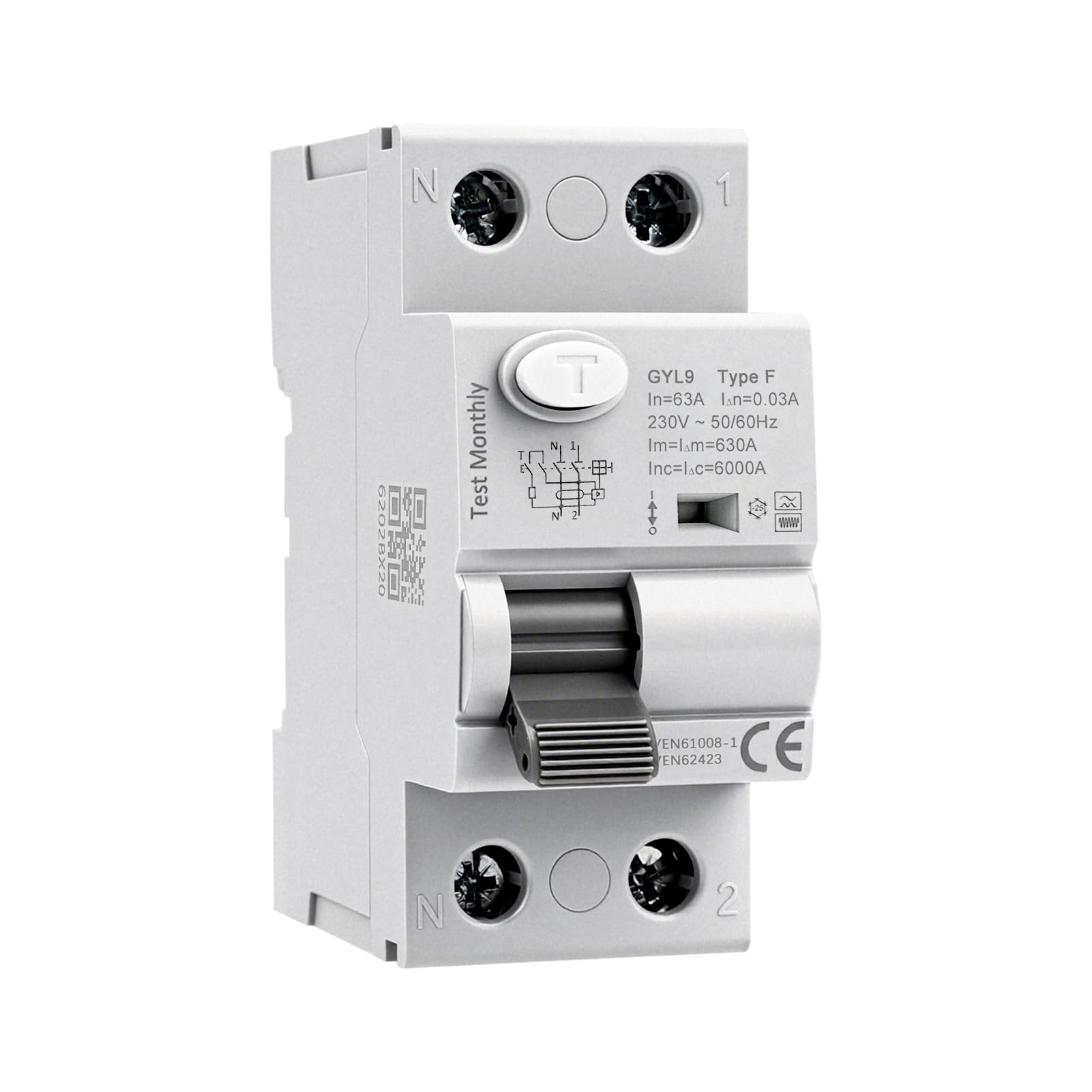 Interruttore Magnetotermico Differenziale Tipo F 2P Interruttore Differenziale 63A 30mA AC230V 6kA, per carichi monofase a frequenza variabile condizionatori d'aria lavatrici pompe di calore GYL9
