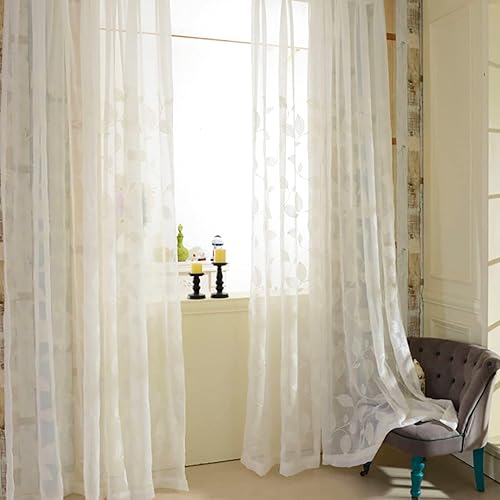 Leeva Cortinas transparentes bordadas con hojas para cocina, 84 pulgadas de largo, elegantes cortinas de gasa con textura de lino natural, 2