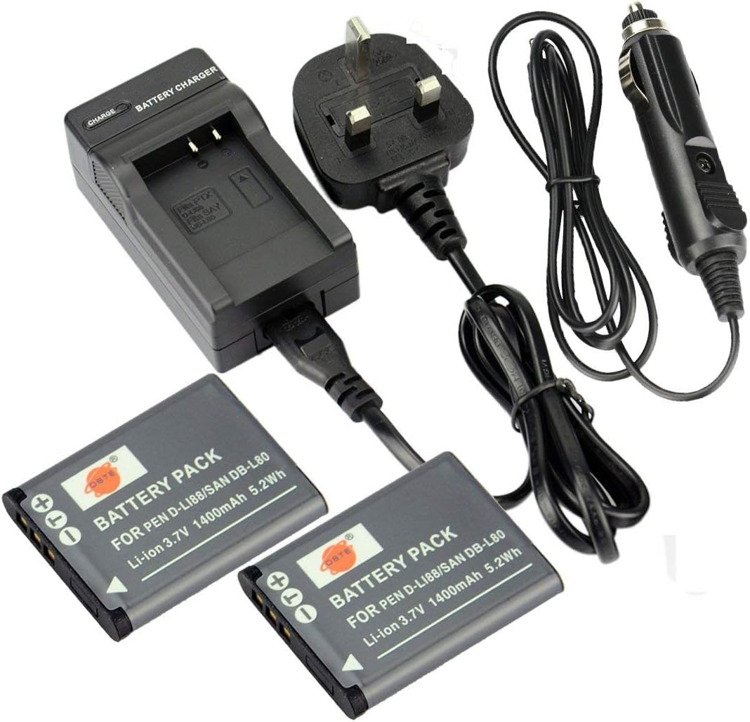 – 2pcs D-LI88 Rechargeable Li-ion Battery + Charger DC89U for Pentax Optio H90, P70, P80, W90, WS80 Digatal Camera