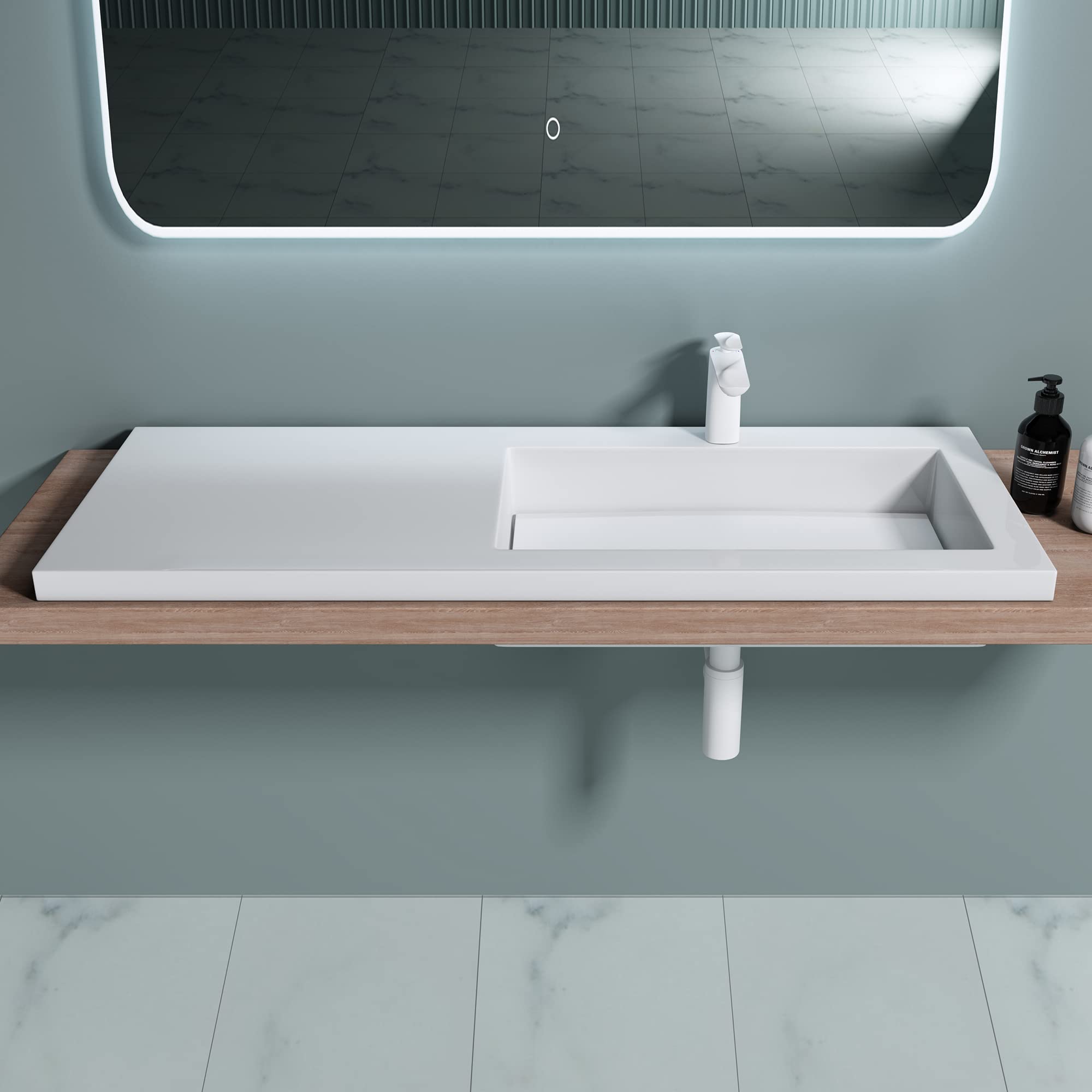 doporro Lavabo Empotrado de Mármol Fundido 120x46x13,5 cm, Lavabo Derecho Blanco con Encimera Amplia y Orificio para Grifo, Diseño Moderno, Conexión DIN, Colossum820