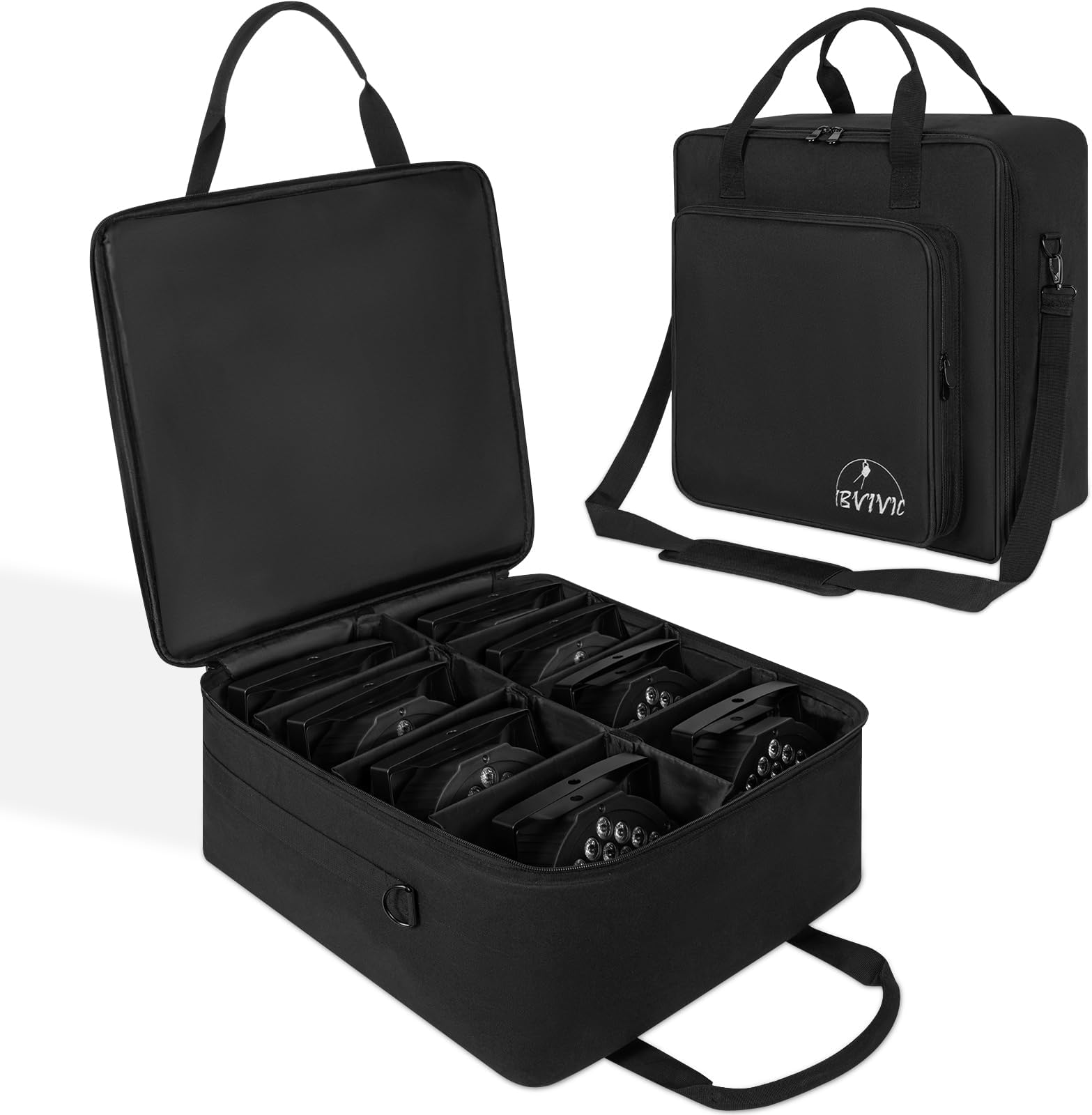 IBVIVIC 8 Par Spotlight Bag Stage Lighting Storage Bag 5/16'' Padded 8 Par Lights Bag with Dividers, Handle, Strap, Black