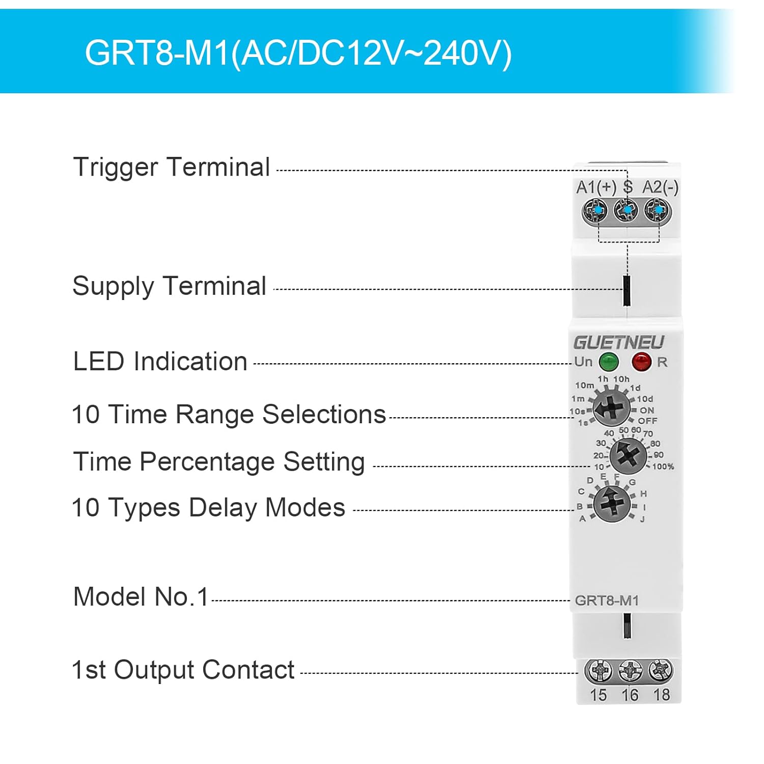 Relay 12V, Timer Relay Delay Off Trigger, Off Delay Timer with 10 Function Choices, Wide Voltage Multifunctional Relays for Electric Appliances, XS-SJ-M1-AC/DC12V~240V, 35mm DIN Rail Mounting
