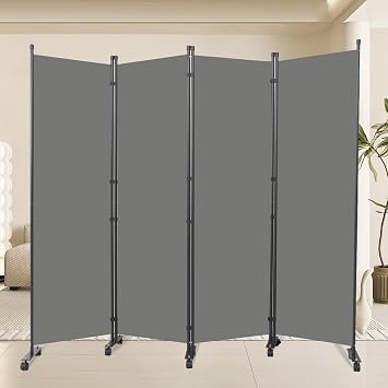 88" W 4 Panel Room Divider, Portable Privacy Screen W/Wheels Freestanding | Sturdy metal frame,Lockable wheels,Freestanding room divider panel,Portable wall divider for room separation,Grey