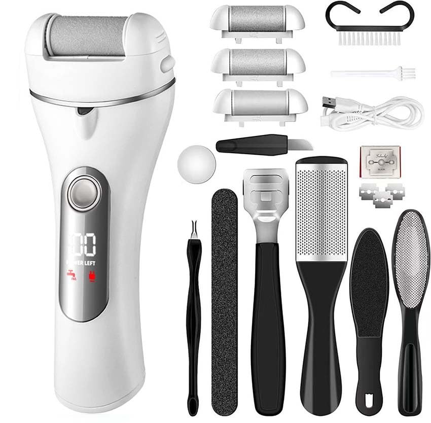 Foydream Lima Electrica pies Durezas, Lima pies Electrica con 3 Rodillos de Repuesto, 18 en 1 Limador de Durezas Electrico para Elimina Callos y Piel Muerta, 2 Velocidades (Blanco gris)