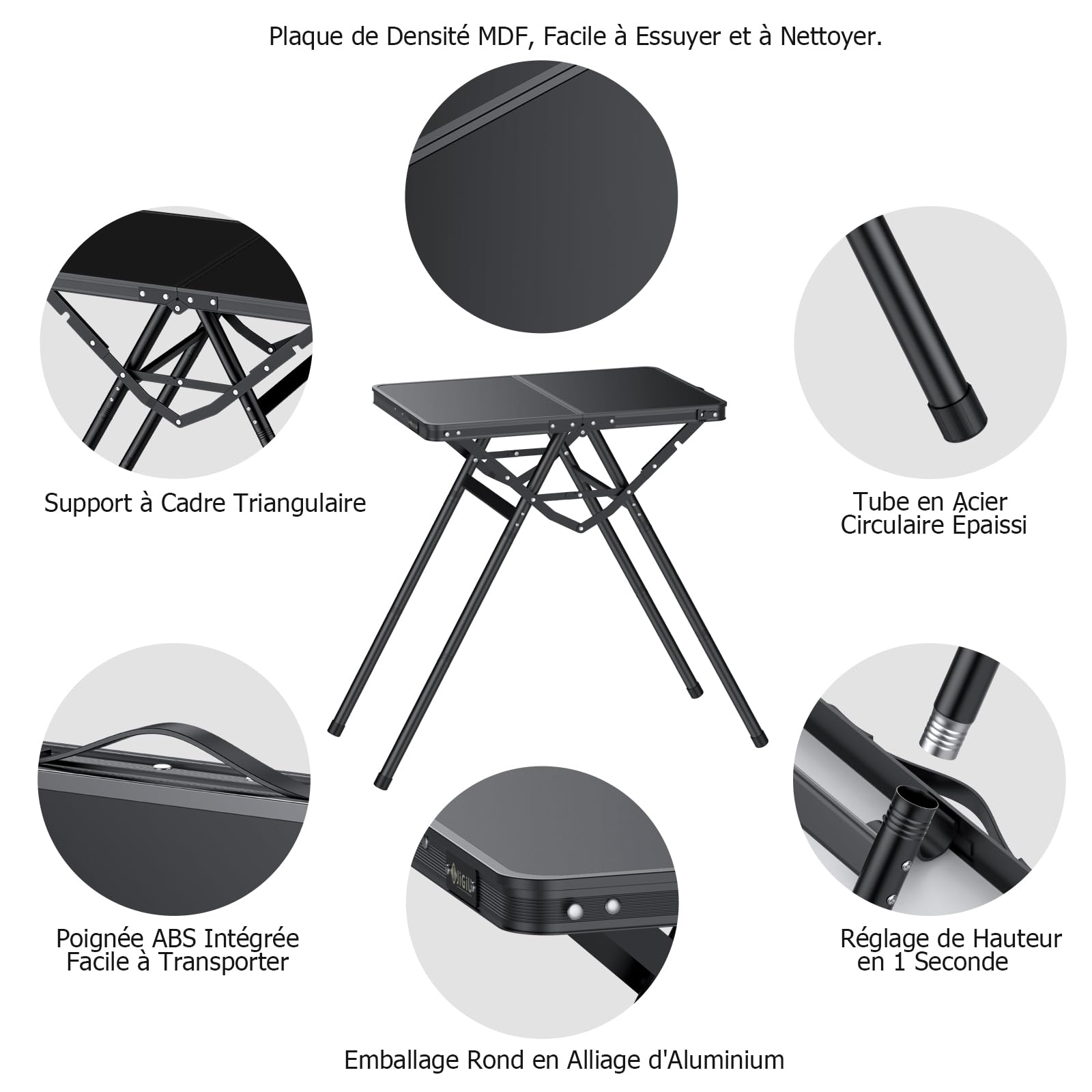 JiGiU Table de Camping Pliante 60 x 40 cm avec 3 hauteurs réglables | Table de Grillade Pliable, Structure en X Cadre en Aluminium, Table de pique-nique Portable pour Extérieur/Intérieur-Noir