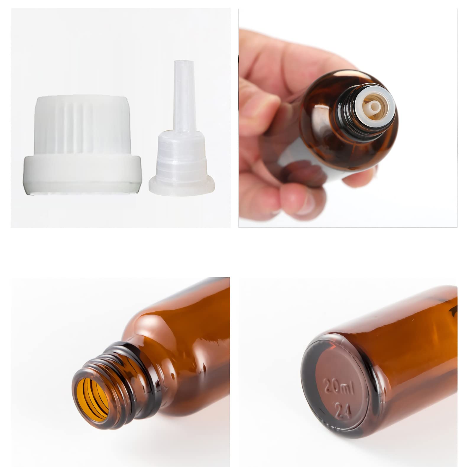24 Pezzi Bottiglietta di Vetro per Oli Essenziali da 10 ml Ambra Marrone Bottiglia con Tappo di Sicurezza Bianco con Contagocce Interno a Caduta, Contenitori di Aromaterapia