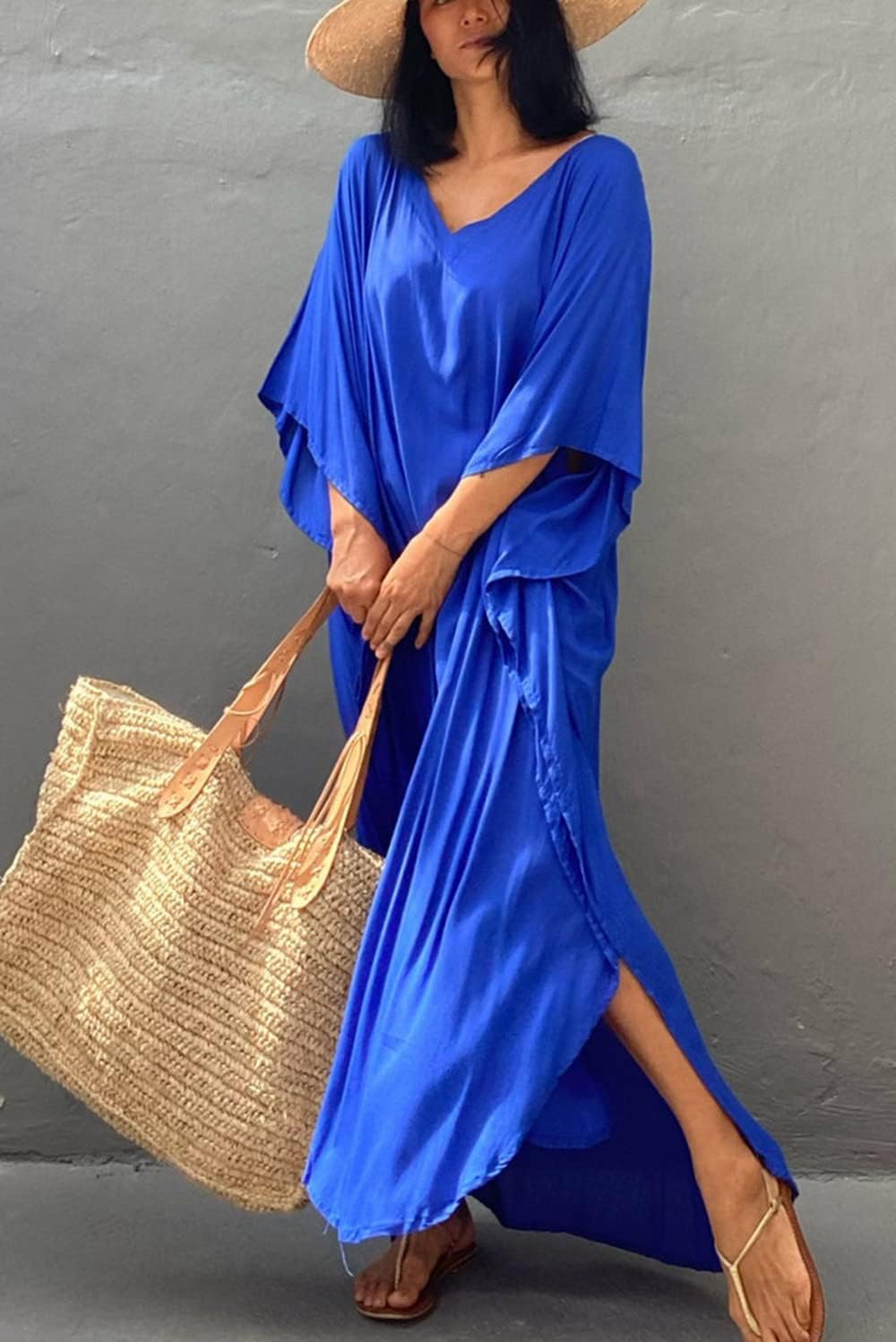 Women's Summer Long Kaftan Maxi Bohemian Dress Beach Coverup Robe Plus Size Kimono One Size image 5