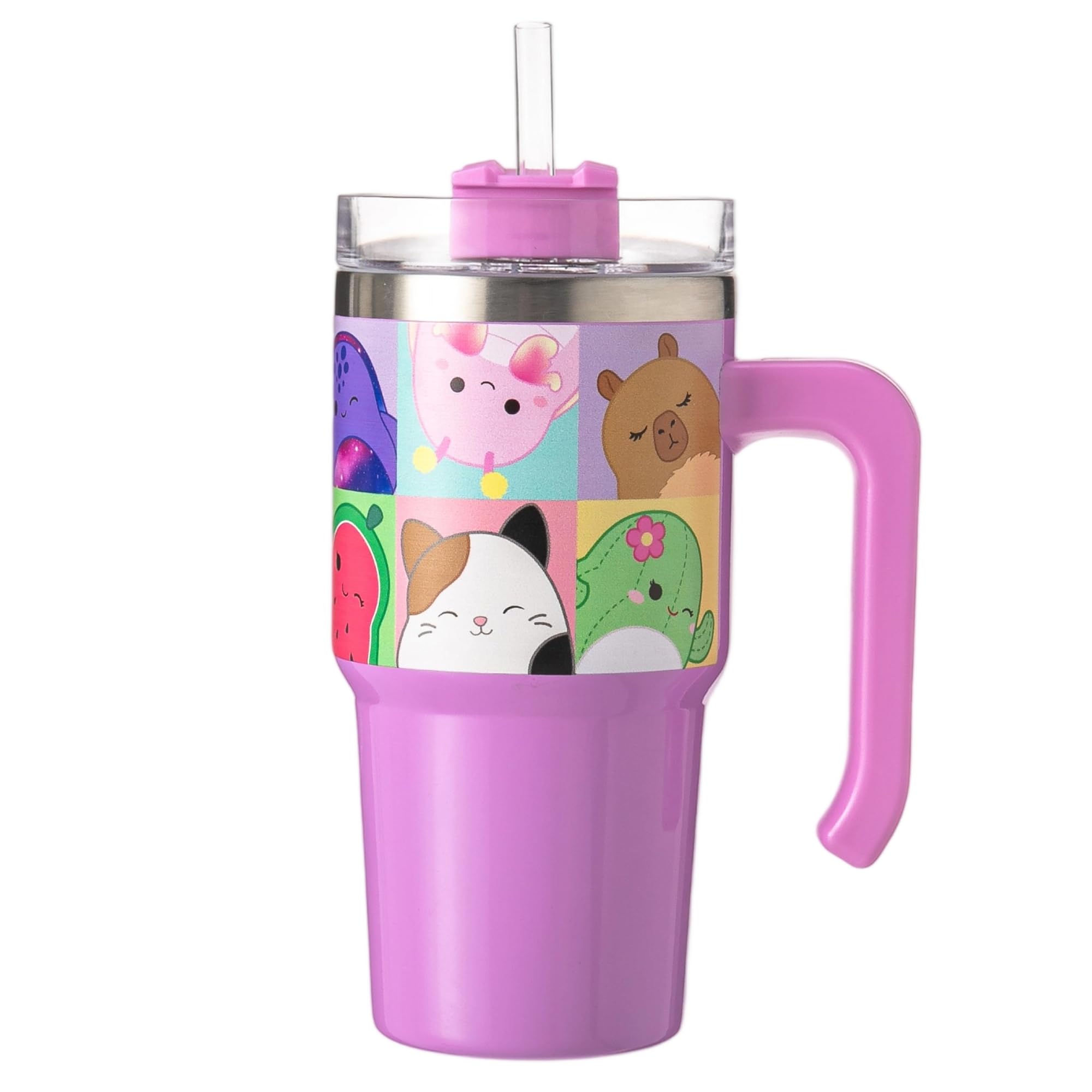 Squishmallows 20oz / 600 ML Tumbler with Straw & Lid | Leak & Spill Proof Travel Mug | Stainless Steel Vacuum Insulated Water Bottle with Handle Keeps Cold for 17Hrs or Hot for 5Hrs