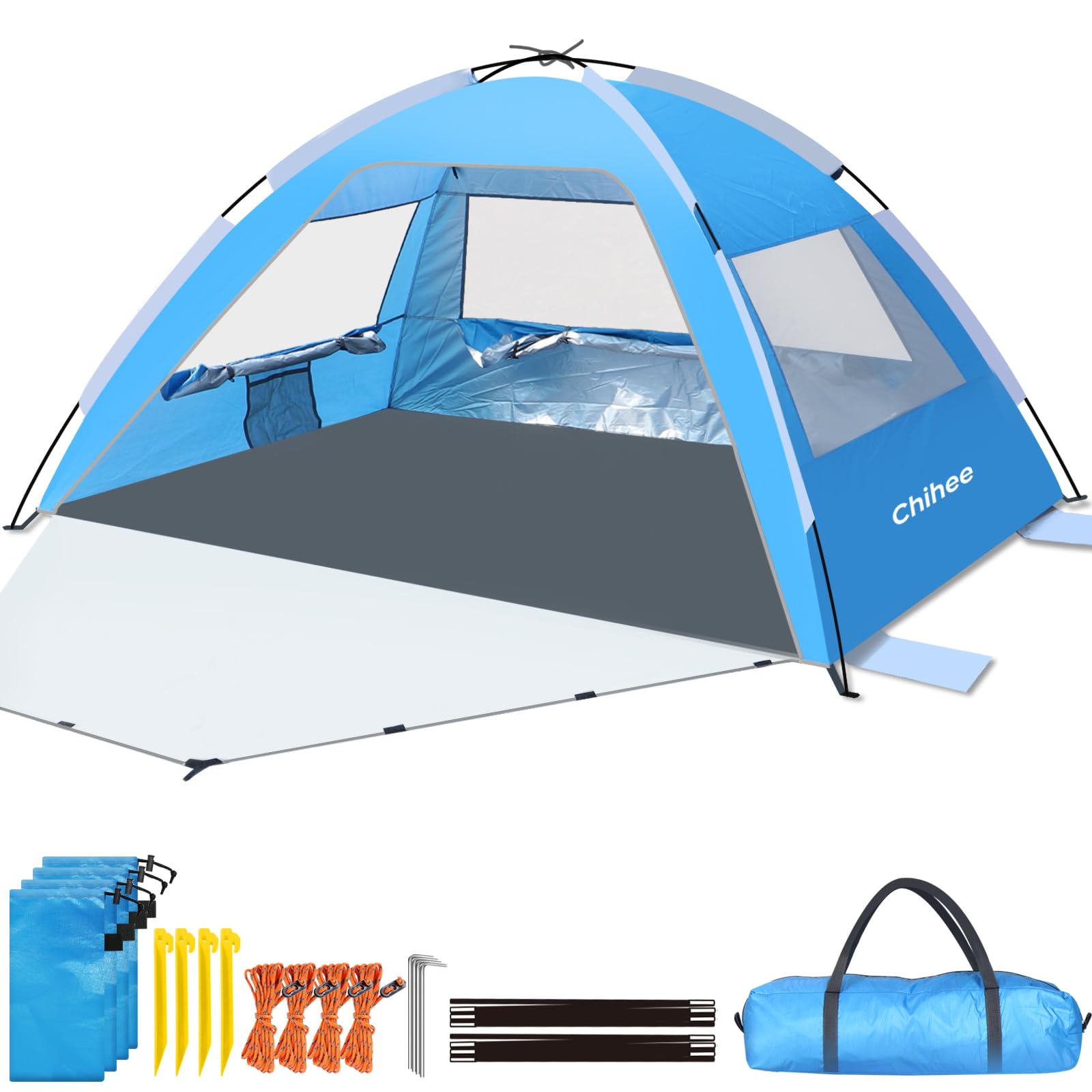 Chihee Abris de Plage Tente Solaire pour 2-3 Personnes avec Protection UV Tissu Enduit d'argent Maille Respirante Sacs de Sable supplémentaires,Léger Installation Facile Portable Auvent de Plage