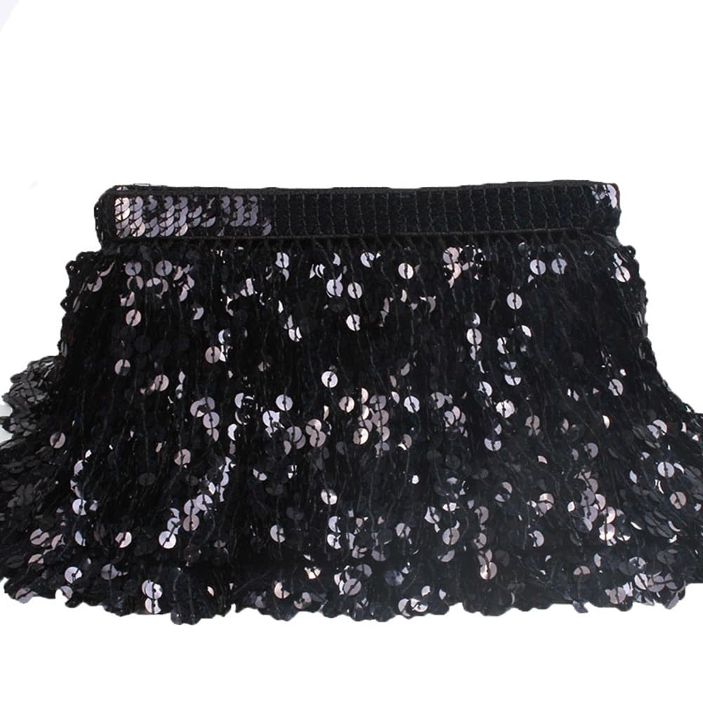 Yurosiay 1 Yard Sequin Fringe Border 16 cm Dense Sequin Trim Sparkling Laser Sequins Cut Fringe Border Glitter Fringe Ribbon Dance Fringe Trim for Sewing Black