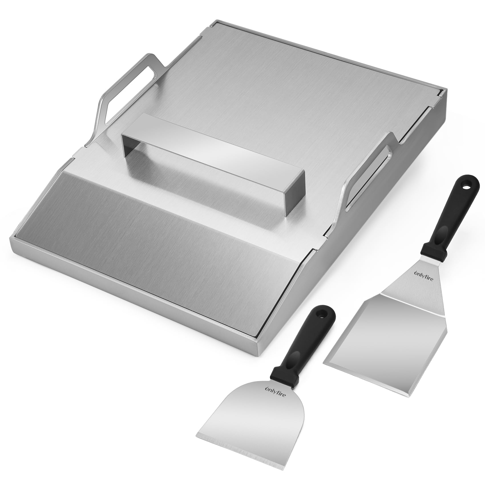 Onlyfire Plancha para Barbacoa 40x30cm de Acero Inoxidable, Plancha Grill con Tapa y 2 Espátulas, Universal, 40x30cm, para Parrillas de Gas y Camping
